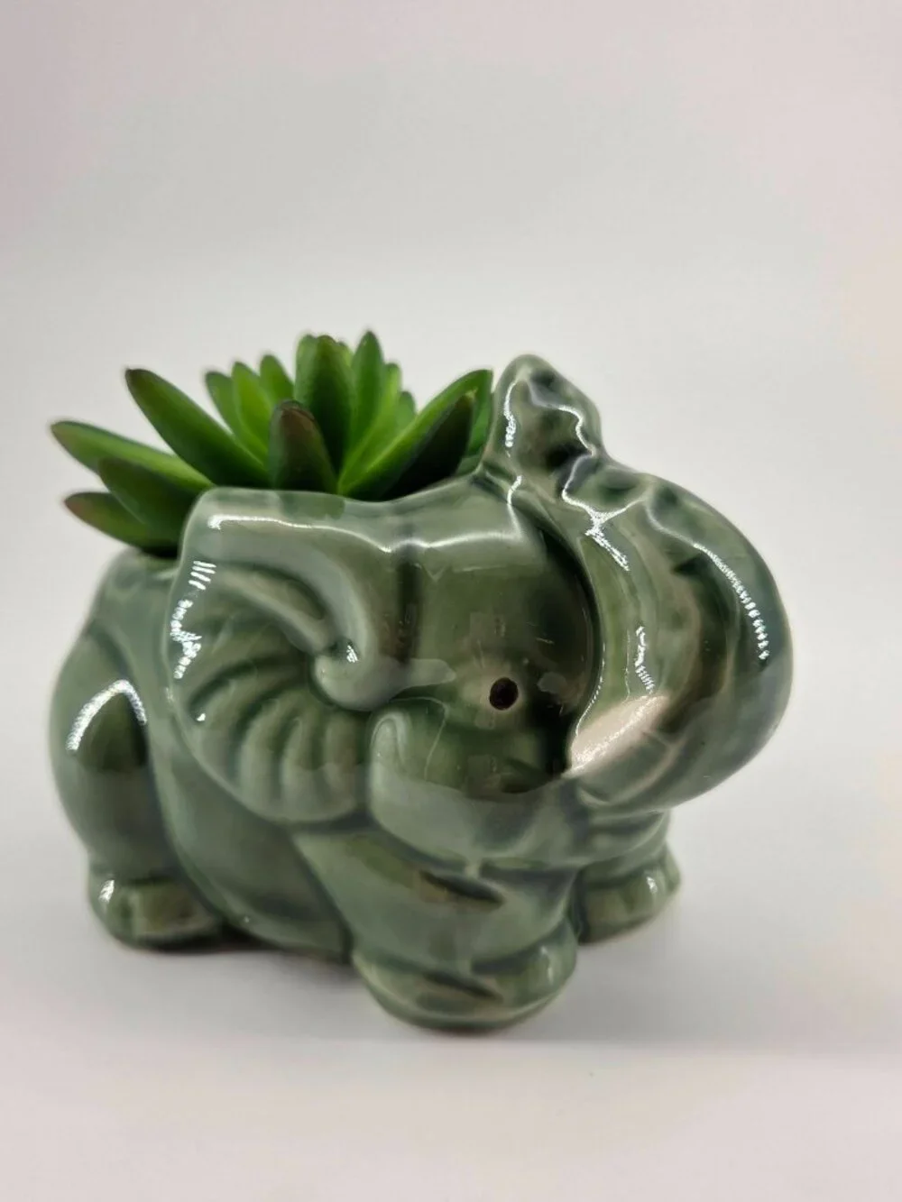 Vintage Sage Green Ceramic Elephant Planter Succulent Pot